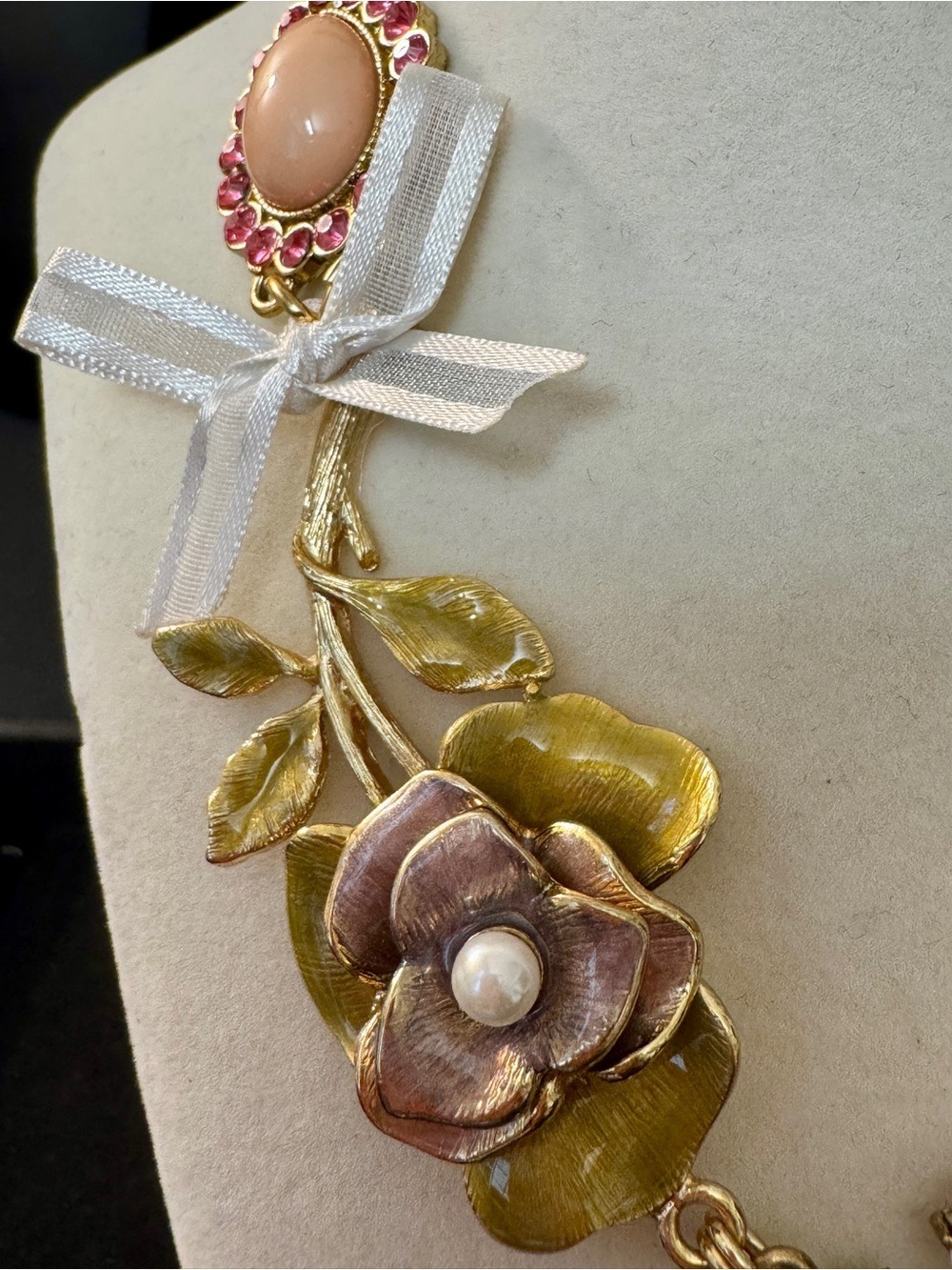 Gold-Tone Floral Statement Necklace with White and Peach Accents - Picture 4 of 6